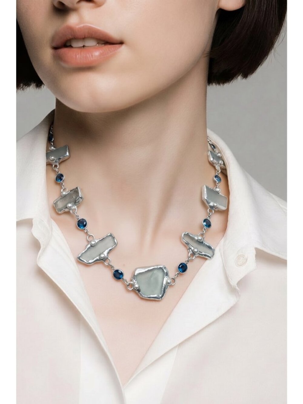 Atlantic Sea Glass Statement Sculptural Silver Alloy Swarovski Bib Necklace